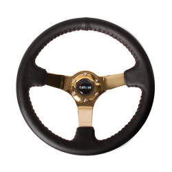 3 ramenný športový volant NRG, 350mm, koža, 75mm odsadenie, čierna/zlatá