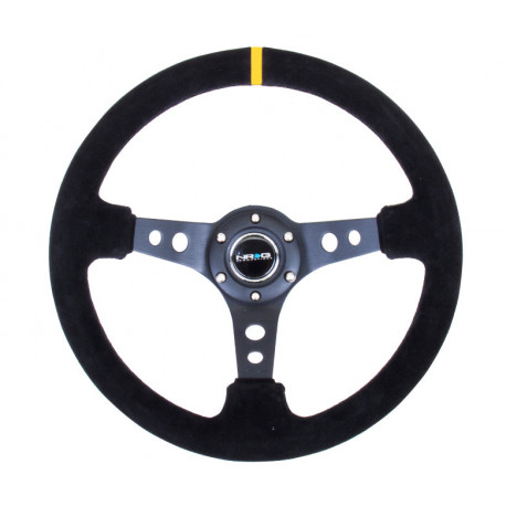Volanty 3 ramenný športový volant NRG, 350mm, semiš, dierované ramená, 75mm odsadenie, čierna/žltá | race-shop.sk