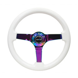 3 ramenný športový volant NRG, 350mm, drevo, 75mm odsadenie, biela/neon/hnedá