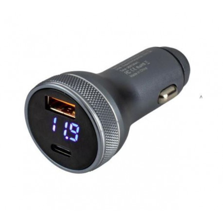 Ostatné doplnky RACES hliníková nabíjačka do auta DC 5V- QC3.0+PD 18W s voltmetrom | race-shop.sk