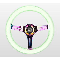 3 ramenný športový volant NRG Classic NEO/Glow, 350mm, drevo, 38mm odsadenie, zelená/neon
