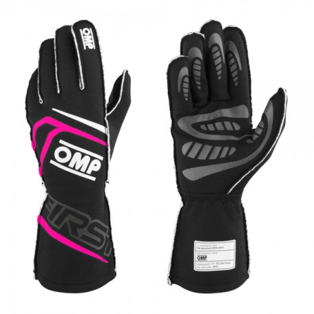 Rukavice FIA pretekárske rukavice OMP FIRST (vonkajšie šitie), čierna/fuchsiová | race-shop.sk