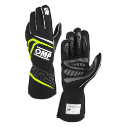 FIA pretekárske rukavice OMP FIRST (vonkajšie šitie), čierna/fluo žltá