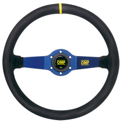 2 ramenný športový volant OMP Rally, 350mm, semiš, 95mm odsadenie, čierna/žltá/modrá