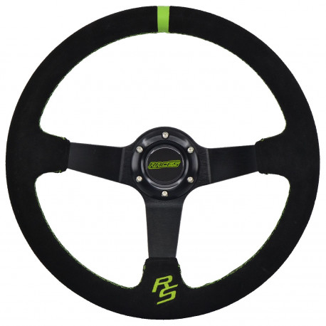 Volanty 3 ramenný športový volant RACES Apex, 350mm, semiš, 90mm odsadenie, čierna/zelená | race-shop.sk