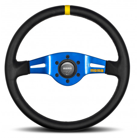 Volanty 2 ramenný športový volant MOMO MOD.03, 350mm, koža, 87mm odsadenie, čierna/modrá/žltá | race-shop.sk